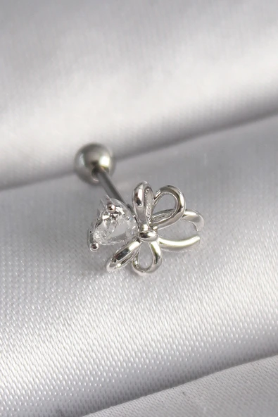 316L Çelik Gümüş Renk Zirkon Taş Detay Kurdele Model Tragus Piercing - TJ-PR1289 ürün görseli