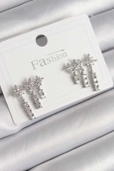 Pirinç Gümüş Renk Zirkon Taşlı 3'Lü Sallantı Yıldız Model Kadın Küpe - TJ-BKP9757 ürün görseli