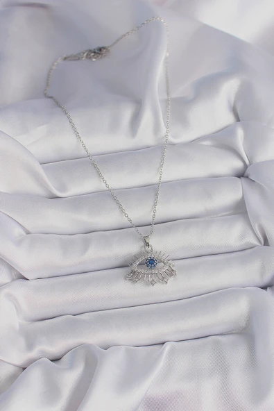 316L Çelik Gümüş Renk Zincir Zirkon Taşlı Göz Model Kadın Kolye - TJ-BKO9564 - Resim 2