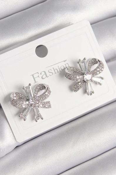 Pirinç Gümüş Renk Zirkon Taşlı Fiyonk Model Kadın Küpe - TJ-BKP9779 ürün görseli