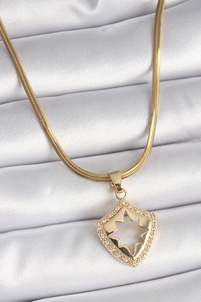 316L Çelik Gold Renk İtalyan Zincir Zirkon Taşlı Kutup Yıldız İşleme Kadın Kolye - TJ-BKO9536 ürün görseli