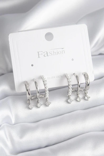 Pirinç Gümüş Renk Zirkon Taş Detay İncili Kadın Küpe - TJ-BKP9748 ürün görseli