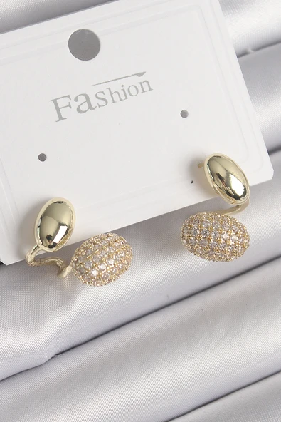 Pirinç Gold Renk Zirkon Taşlı Bombeli Model Kadın Küpe - TJ-BKP9754 ürün görseli