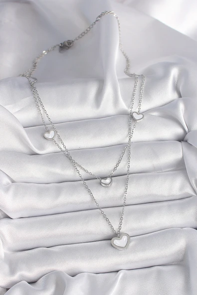 316L Çelik Gümüş Renk Zincir 2'Li Zincir Kalp Model Kadın Kolye - TJ-BKO9573 - Resim 2