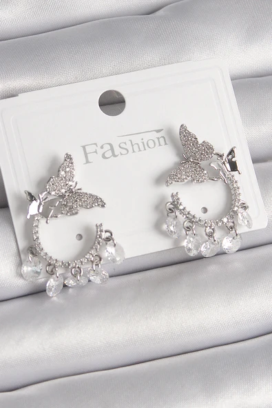 Pirinç Gümüş Renk Zirkon Taşlı Sallantı Detay Kelebek Model Kadın Küpe - TJ-BKP9902 ürün görseli