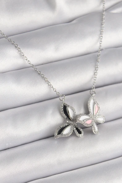 316L Çelik Gümüş Renk Zincir Zirkon Taşlı Renkli Kelebek Model Kadın Kolye - TJ-BKO9615 ürün görseli