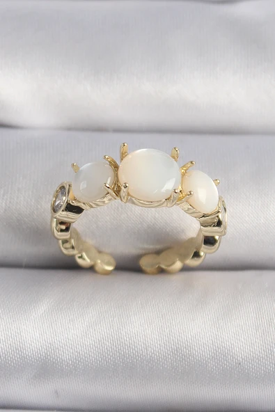 Pirinç Gold Renk Zirkon Taş Detaylı Beyaz Sedefli VIP Seri Kadın Yüzük - TJ-BYK3504 ürün görseli