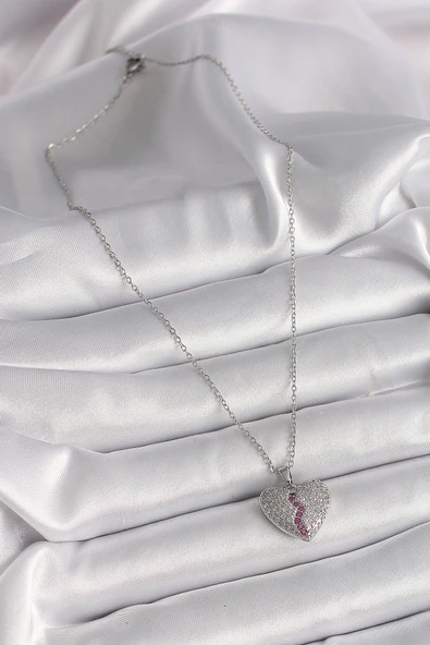 316L Çelik Gümüş Renk Zincir Zirkon Taşlı Kalp Model Kadın Kolye - TJ-BKO9645 - Resim 2