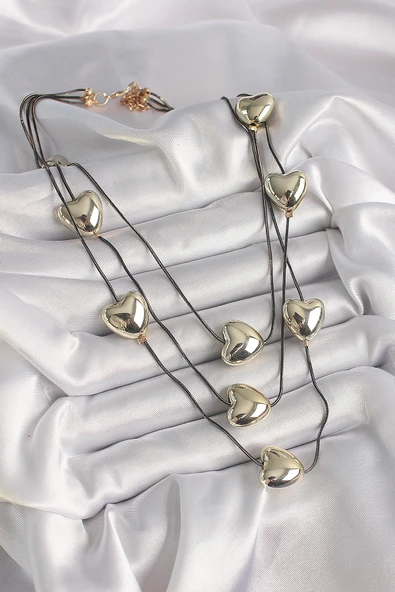 Pirinç Füme Renk Zincir 3D Gold Renk Kalp Model Kadın Kolye - TJ-BKO9618 - Resim 2