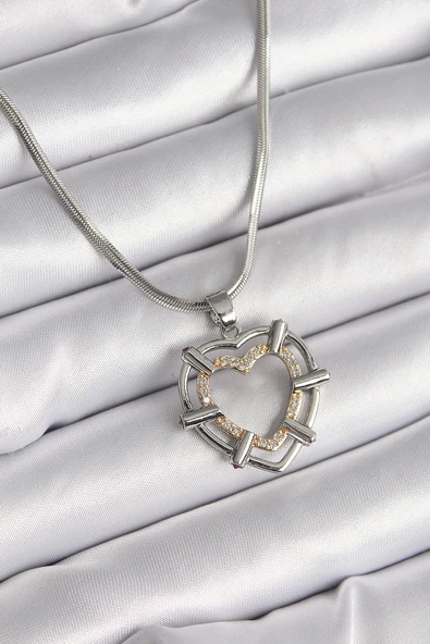 316L Çelik Gümüş Renk İtalyan Zincir Mix Renk Zirkon Taş Detay Kalp Model Kadın Kolye - TJ-BKO9600 ürün görseli