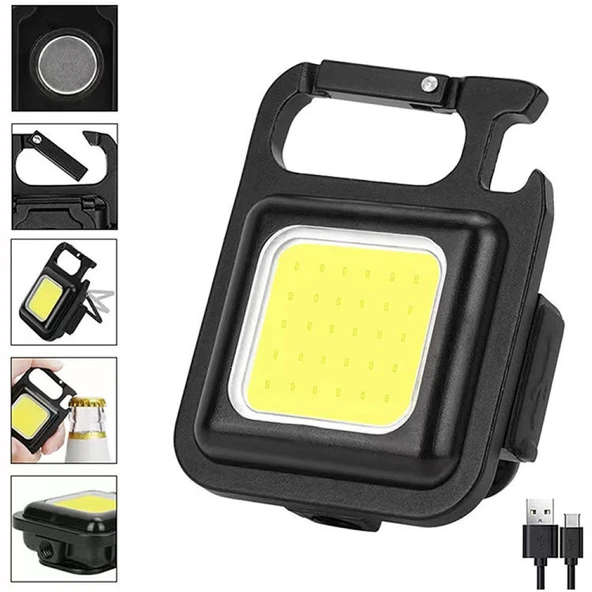 Led Anahtarlıklı Cep Boy Cob Led Metal Kasa Mıknatıslı Şişe Açacağı Usb li Şarj Edilebilir El Feneri HS-37 ürün görseli