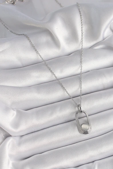 316L Çelik Gümüş Renk Zincir Beyaz Kedi Göz Model Kadın Kolye - TJ-BKO9612 - Resim 2