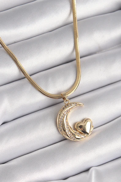316L Çelik Gold Renk Çelik İtalyan Zincir Zirkon Taşlı Halil Figür Kalp Detay Kadın Kolye - TJ-BKO9591 ürün görseli