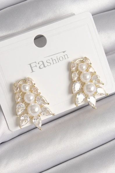 Pirinç Gold Renk Zirkon Taşlı Yaprak Model İnci Detay Kadın Küpe - TJ-BKP9800 ürün görseli