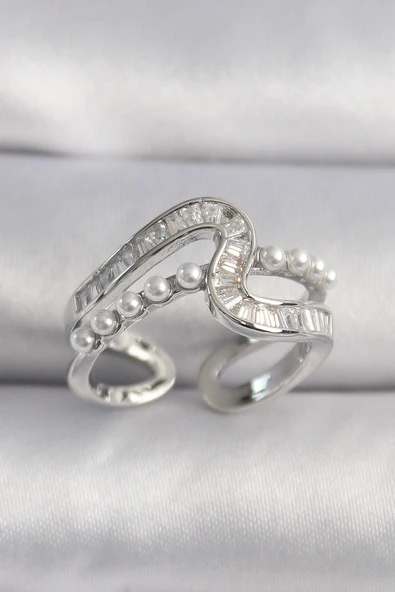 Pirinç Gümüş Renk Zirkon Taşlı İnci Detay VIP Seri Kadın Yüzük - TJ-BYK3511 ürün görseli