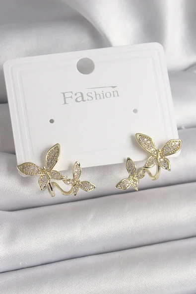 Pirinç Gold Renk Zirkon Taşlı Kelebek Model Kadın Küpe - TJ-BKP9838 ürün görseli