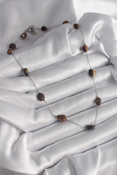 316L Çelik Gümüş Renk Zincir Kahverengi Doğaltaş Model Kadın Kolye - TJ-BKO9662 - Resim 2