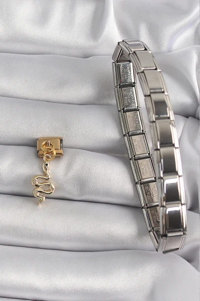 316L Çelik Gold Renk Sallantı Yılan Model Nomination Charm - TJ-BC1199 - Resim 2