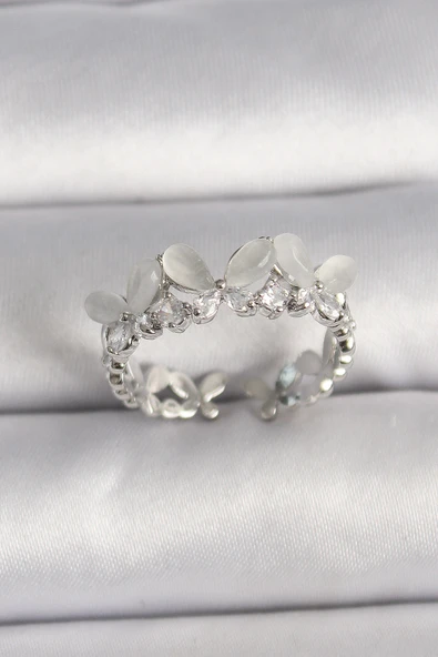 Pirinç Gümüş Renk Zirkon Taşlı Beyaz Mineli Kelebek Model Ayarlanabilir Yüzük - TJ-BYK3530 ürün görseli