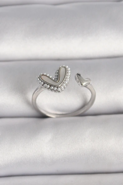 Pirinç Gümüş Renk Beyaz Mineli İnci Detaylı Kalp Model Ayarlanabilir Yüzük - TJ-BYK3536 ürün görseli