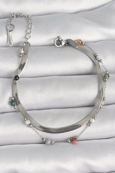 316L Çelik Gümüş Renk 2'li İtalyan Zincir Kristal Taş Detay Kadın Bileklik - TJ-BB6666 ürün görseli