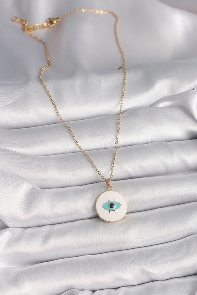 316L Çelik Gold Renk Zincir Beyaz Mineli Turkuaz Göz İşleme Model Kadın Kolye - TJ-BKO9730 - Resim 2