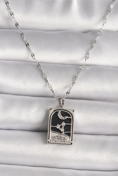 316L Çelik Gümüş Renk Zirkon Taşlı  Ay Figürlü Taror Model Kadın Kolye - TJ-BKO9685 ürün görseli