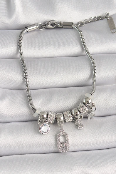 316L Çelik Gümüş Renk Zincir Sallantı Zirkon Taşlı Messika Figür Yıldız Detay Kadın Bileklik - TJ-BB6697 ürün görseli