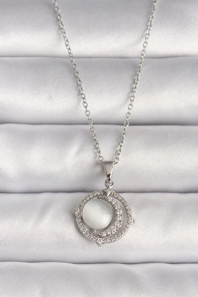 316L Çelik Gümüş Renk Zirkon Taşlı Beyaz Sedefli Hilal Model Kadın Kolye - TJ-BKO9702 ürün görseli