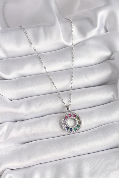 316L Çelik Gümüş Renk Zincir Renkli Zirkon Taşlı Madalyon Model Kadın Kolye - TJ-BKO9489 - Resim 2