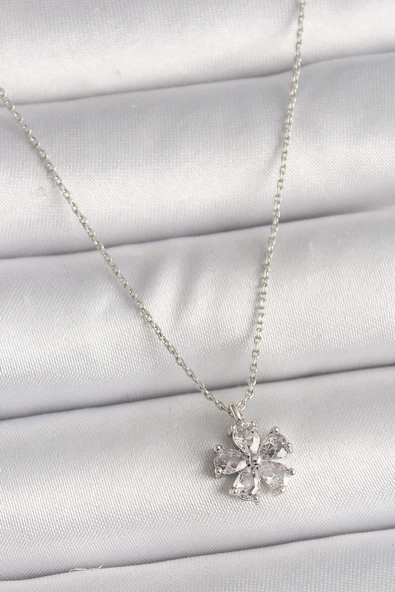 Pirinç Gümüş Renk Zirkon Taşlı Çiçek Model Kadın Kolye - TJ-BKO9833 ürün görseli