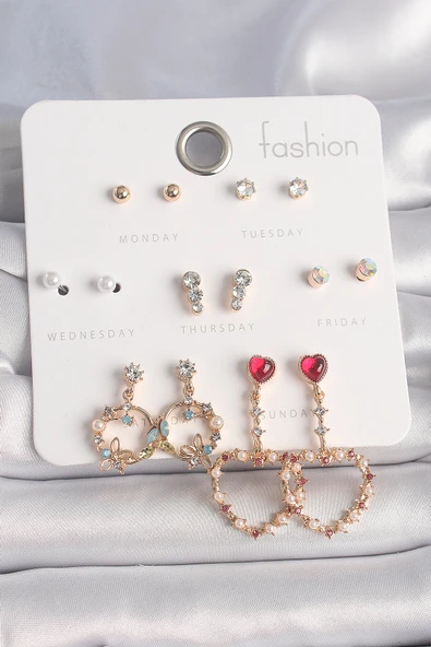 Pirinç Gold Renk Zirkon Taşlı Sallantı Kalp Figür 7 Çift Kadın Küpe Seti - TJ-BKP10163 ürün görseli