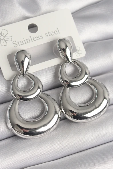 Pirinç Gümüş Renk Damla Detay Sallantı Halka Model Kadın Küpe - TJ-BKP10228 ürün görseli