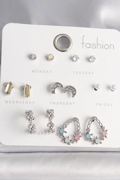 Pirinç Gümüş Renk Zirkon Taşlı Damla Model Hilal Detay 7 Çift Kadın Küpe Seti - TJ-BKP10137 ürün görseli