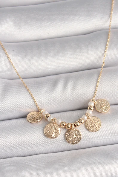 Pirinç Gold Renk 5'Li Osmanlı Tuğra Figür İnci Detay Kadın Kolye - TJ-BKO9825 ürün görseli