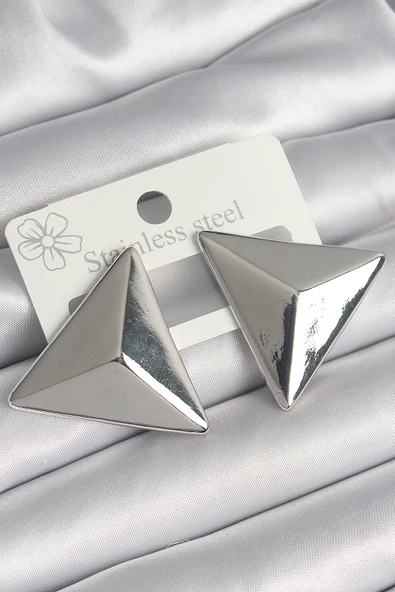 Pirinç Gümüş Renk 3D Üçgen Model Kadın Küpe - TJ-BKP10230 ürün görseli