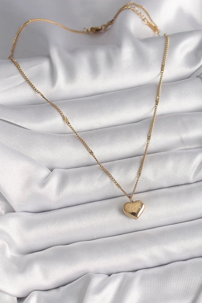 316L Çelik Gold Renk Zincir Love İşlemeli Kalp Figür Kadın Kolye - TJ-BKO9778 - Resim 2