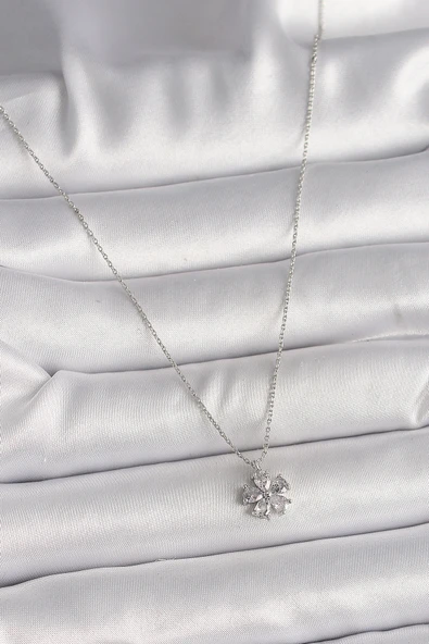 Pirinç Gümüş Renk Zirkon Taşlı Çiçek Model Kadın Kolye - TJ-BKO9833 - Resim 2