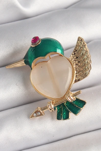 Pirinç Gold Renk Beyaz Mineli Kalp Yeşil Sinek Kuşu Model Pembe Zirkon Taş Detay Kadın Broş - TJ-BR419 ürün görseli