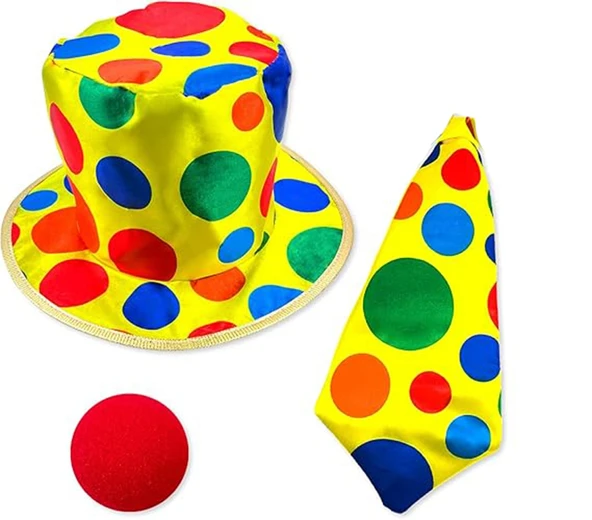 Renkli Palyaço Kostüm Seti – 3 Parça Aksesuar (Şapka, Kravat, Burun) ürün görseli