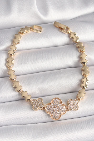Pirinç Gold Renk Zirkon Taşlı Yonca Model Zincir Kadın Bileklik - TJ-BB6822 ürün görseli