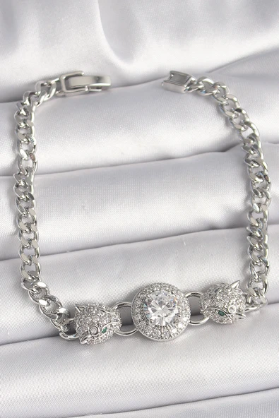 Pirinç Gümüş Renk Zirkon Taşlı Leopar Figür Zincir Model Kadın Bileklik - TJ-BB6829 ürün görseli