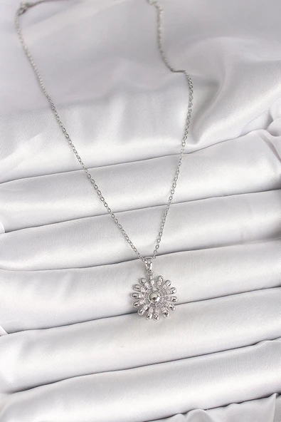 316L Çelik Gümüş Renk Zincir Zirkon Taşlı Güneş Model Kadın Kolye - TJ-BKO9967 - Resim 2