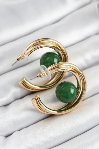 Pirinç Gold Renk Halka Model Yeşil Boncuk Detay Kadın Küpe - TJ-BKP10365 ürün görseli