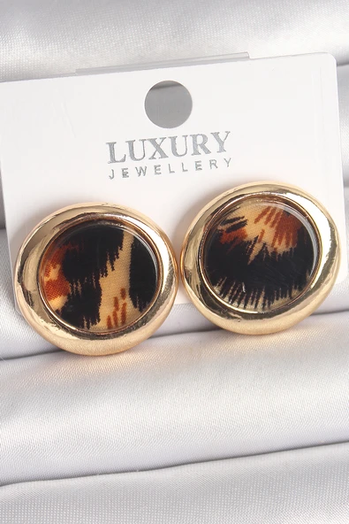 Pirinç Gold Renk Leopar Desen Daire Model Kadın Küpe - TJ-BKP10371 ürün görseli