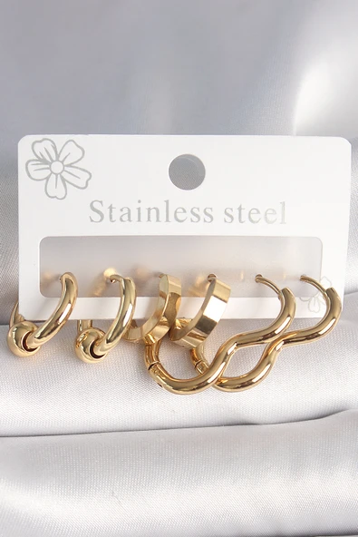 316L Çelik Gold Renk Kalp Halka Model Kadın Küpe Seti - TJ-BKP10386 ürün görseli