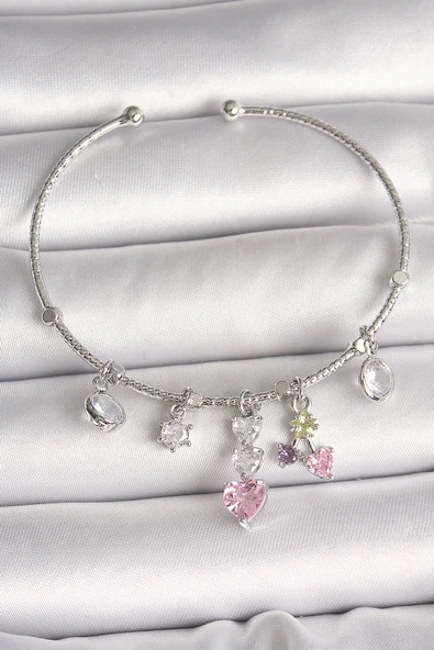 Pirinç Gümüş Renk Sallantı Zirkon Taşlı Kalp Figür Charm Kadın Bileklik - TJ-BB6910 ürün görseli