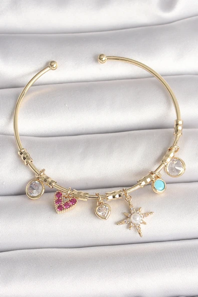 Pirinç Gold Renk Zirkon Taşlı Sallantı Kutup Yıldız Figür İnci Detay Charm Kadın Bileklik - TJ-BB6887 ürün görseli