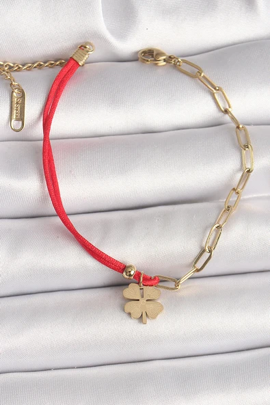 316L Çelik Gold Renk Zincir Kırmızı İp Model Sallantı Yonca Figür Kadın Bileklik - TJ-BB6867 ürün görseli