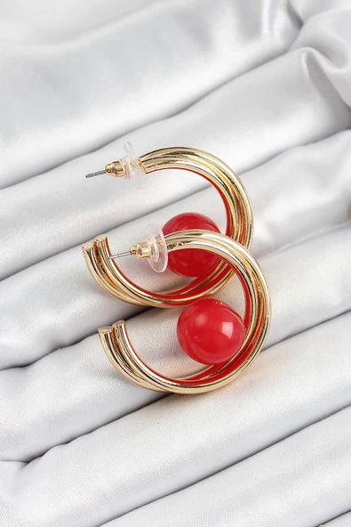 Pirinç Gold Renk Halka Model Kırmızı Boncuk Detay Kadın Küpe - TJ-BKP10366 ürün görseli